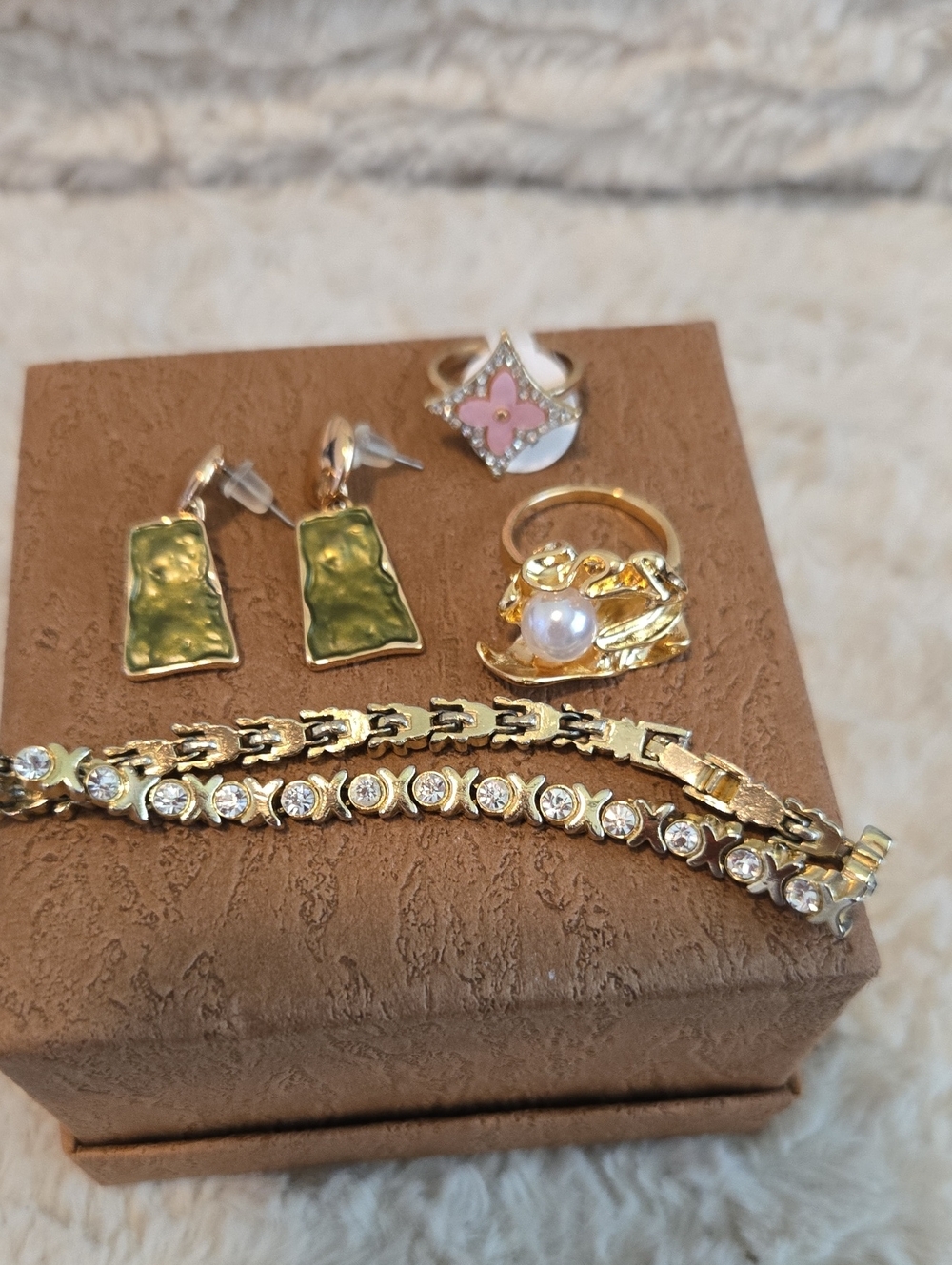 Gold-Tone Pearl & Crystal Bracelet and Ring Set - Pink Accent
